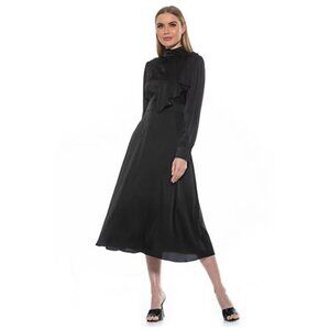 Alexia Admor Black Satin Brooklyn Long Sleeves Midi Dress Size 10 NWT